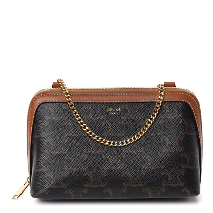 Celine Triomphe Canvas Calfskin Mini Clutch on Chain Tan 1 of 10