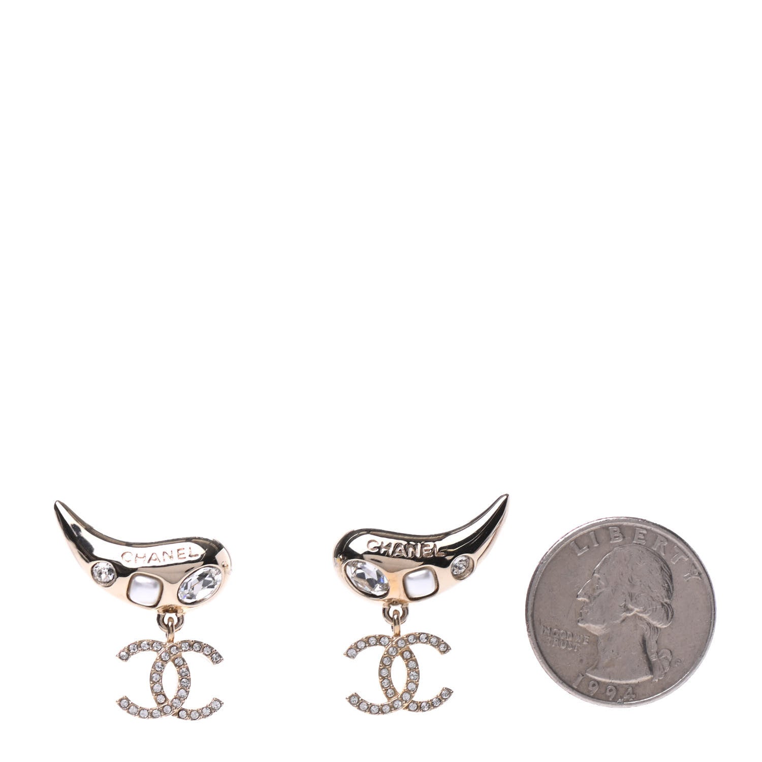 Chanel Crystal Pearl CC Drop Earrings Gold 2 of 5