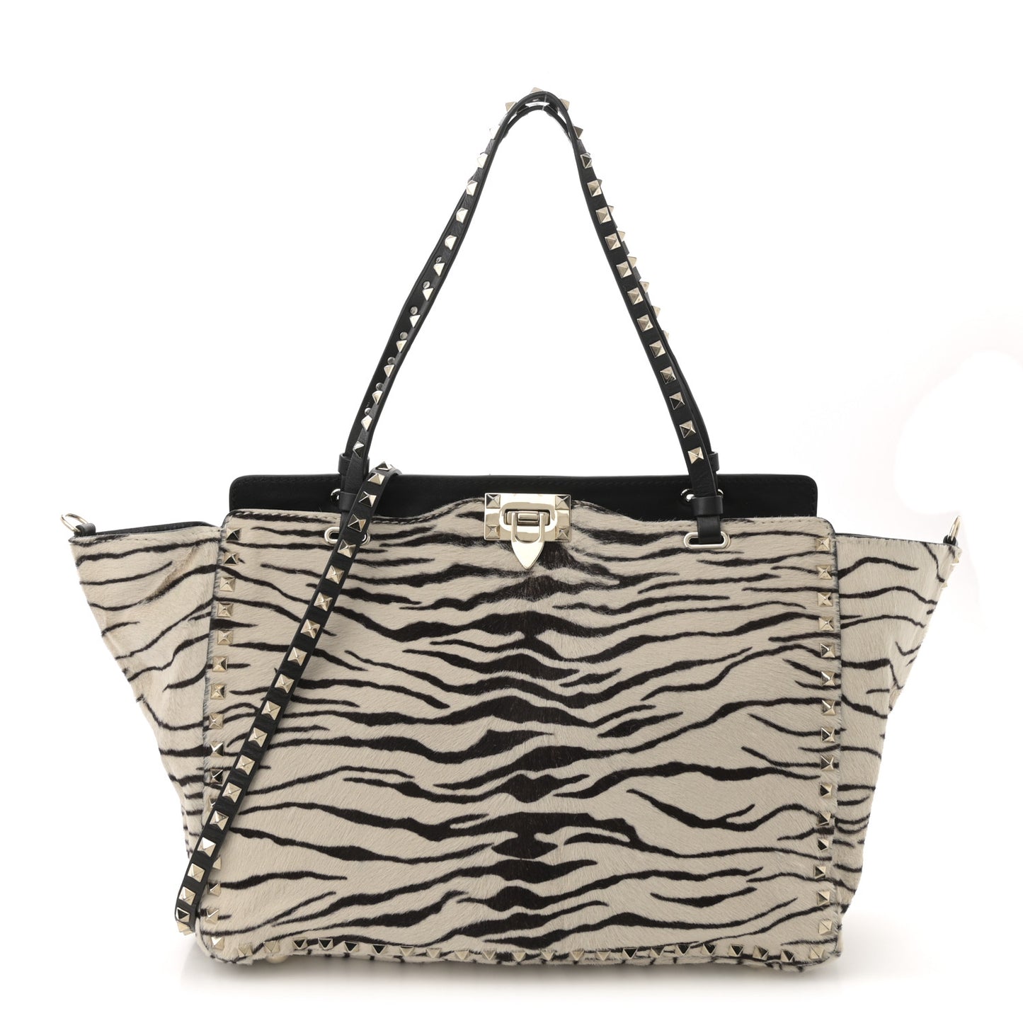 Pony Hair Zebra Rockstud Tote Black Ivory