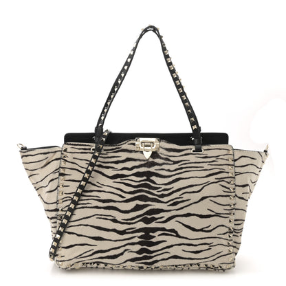 Valentino Garavani Pony Hair Zebra Rockstud Tote Black Ivory 1 of 25