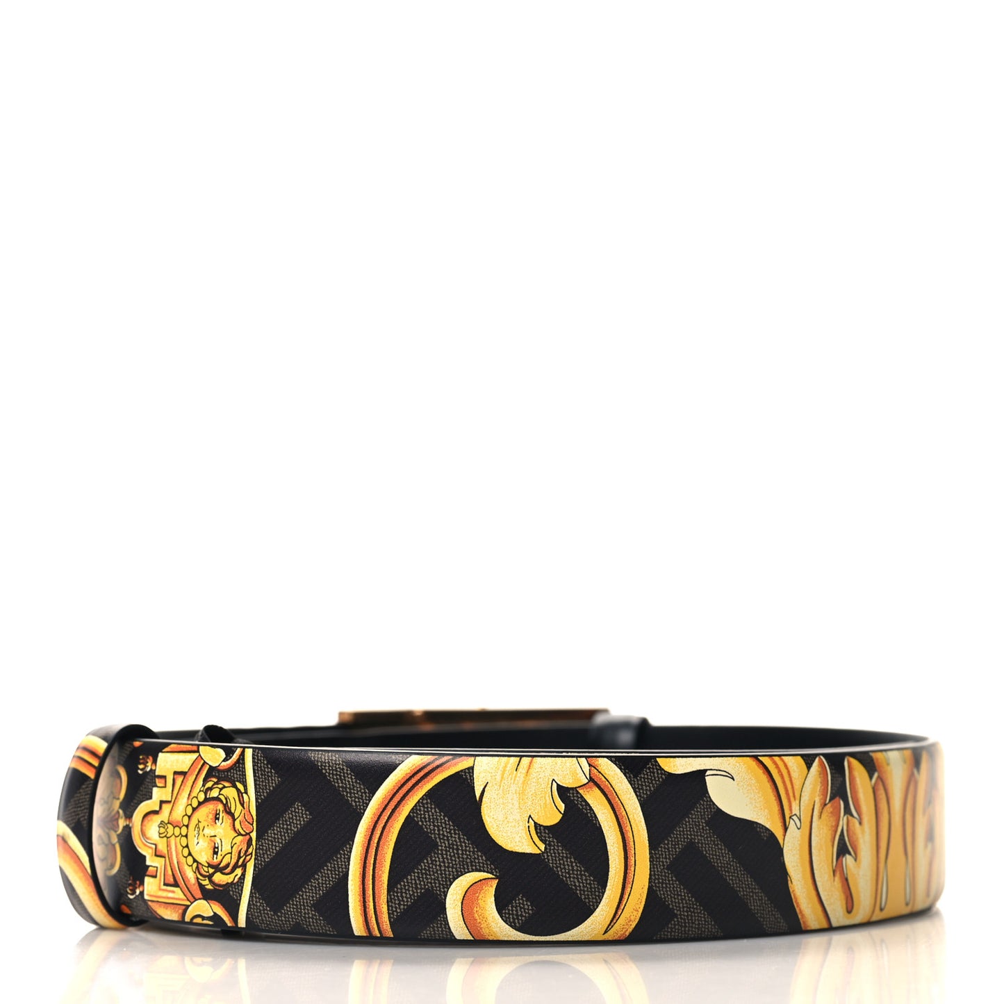 X VERSACE Vitello Seta Nappa Fendace FF Baroque Belt 85/34 Tobacco Black Gold