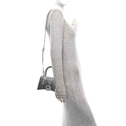 Balenciaga Metallic Calfskin Crocodile Embossed Crystal Hourglass Top Handle Bag XS Silver 2 of 12