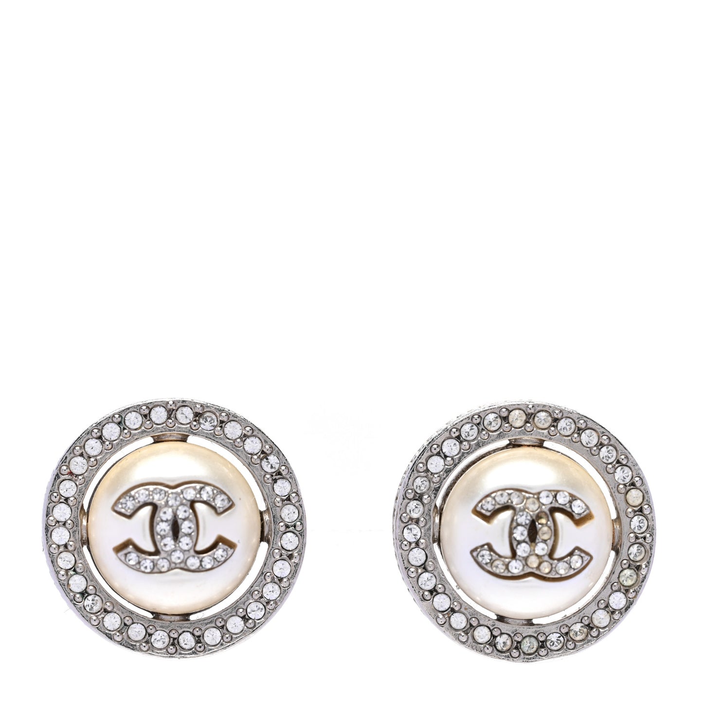 Pearl Crystal CC Round Earrings Silver