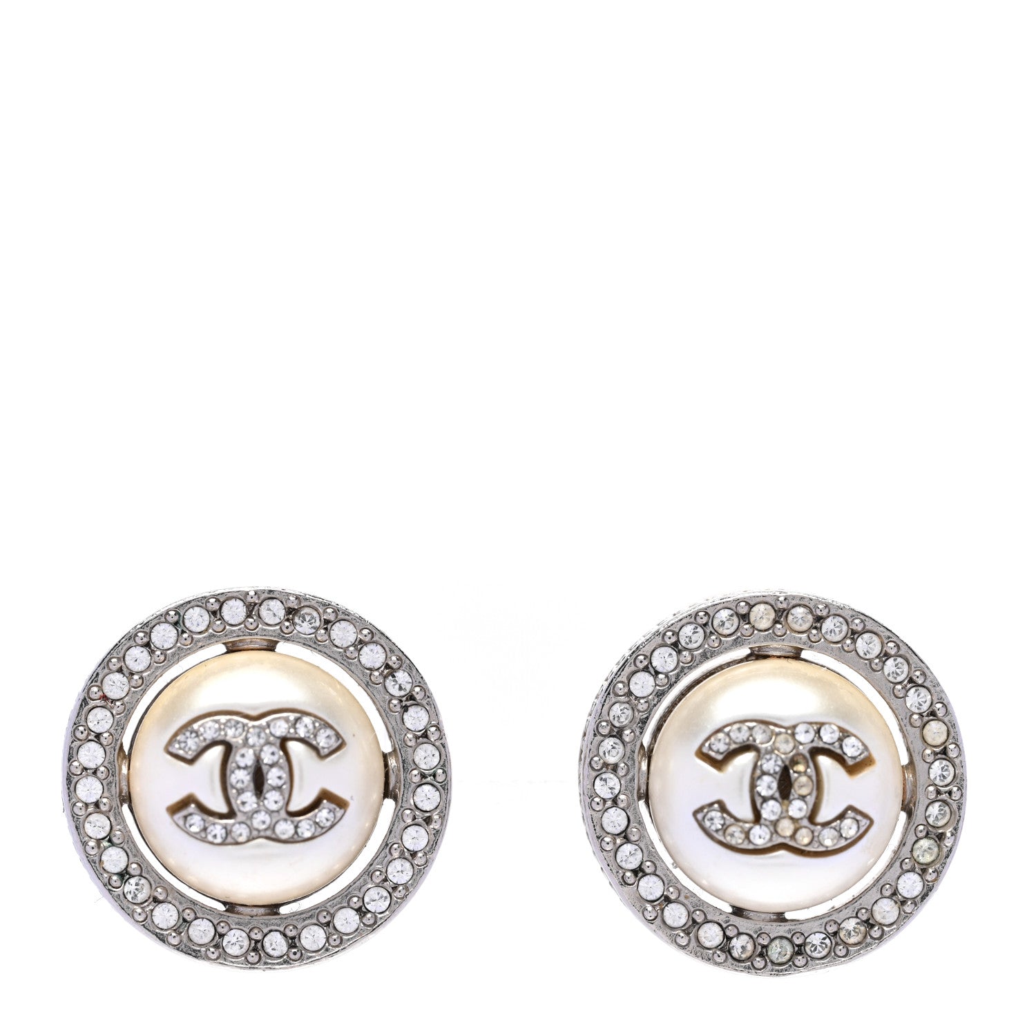 Chanel Pearl Crystal CC Round Earrings Silver 1 of 6