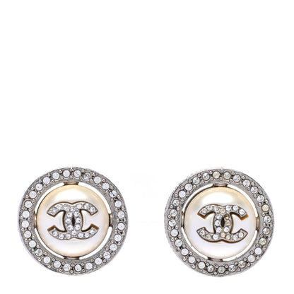 Chanel Pearl Crystal CC Round Earrings Silver 1 of 6