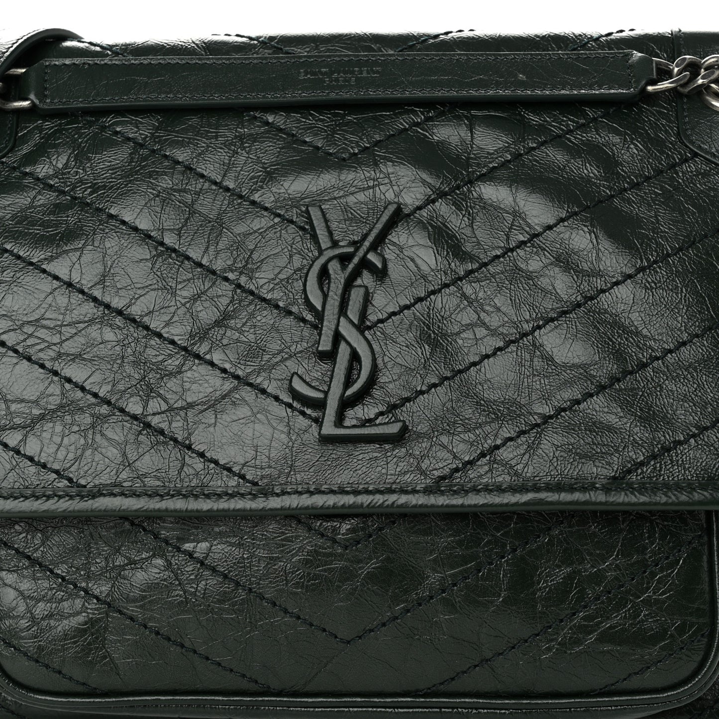 Crinkled Calfskin Matelasse Monogram Medium Niki Chain Satchel Dark Green