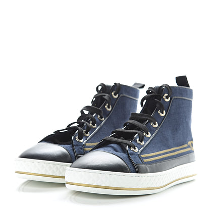 Chanel Fabric Lambskin Lace Up Cap Toe Sneakers 42 Navy Black 3 of 8
