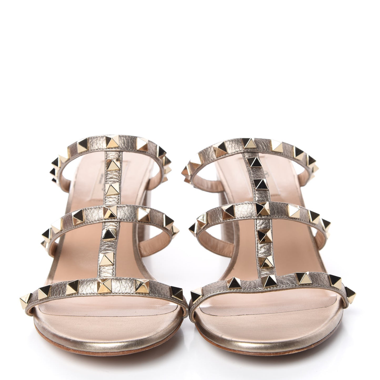 Metallic Pebbled Calfskin Rockstud 60mm Caged Slide Sandals 39 Skin