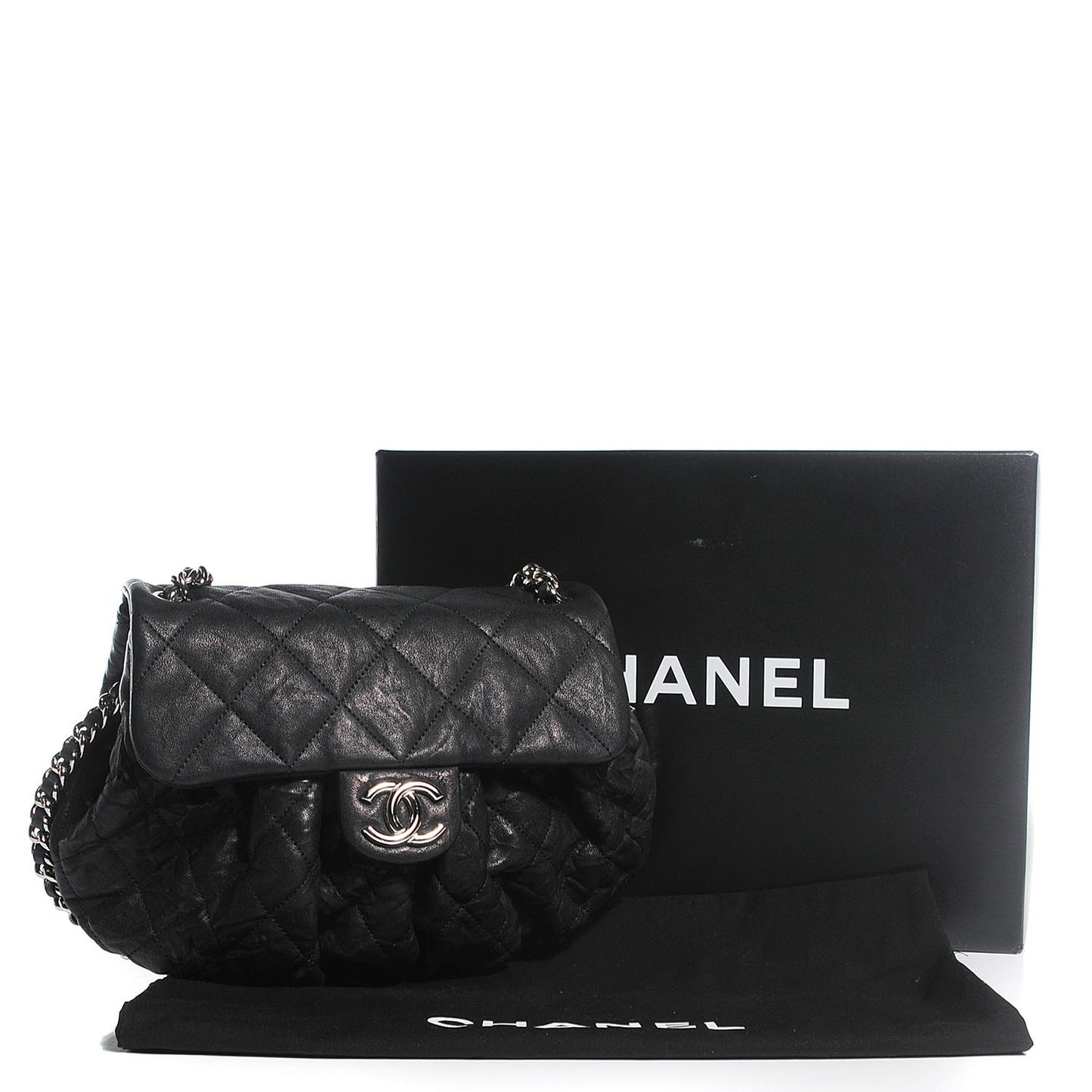 Washed Lambskin Quilted Medium Chain Around Messenger Black