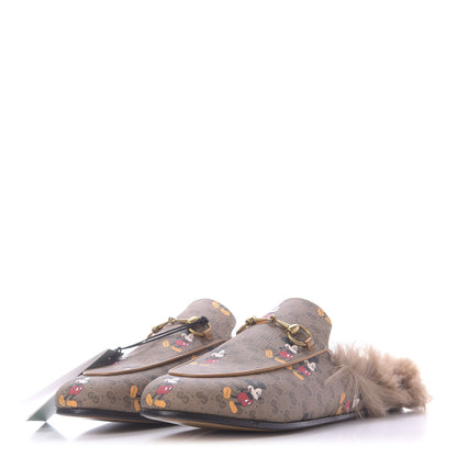 Gucci X DISNEY Mini Vintage GG Supreme Monogram Mickey Mouse Fur Womens Princetown Slippers 39 Beige Vintage Sun Oil 3 of 10