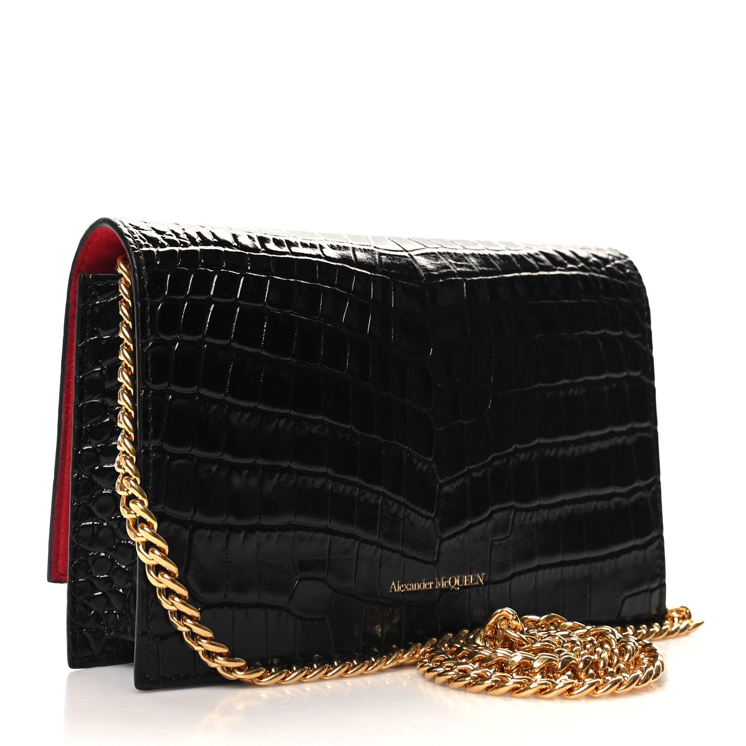 Alexander McQueen Calfskin Crocodile Embossed Skull Mini Crossbody Bag Black 3 of 9