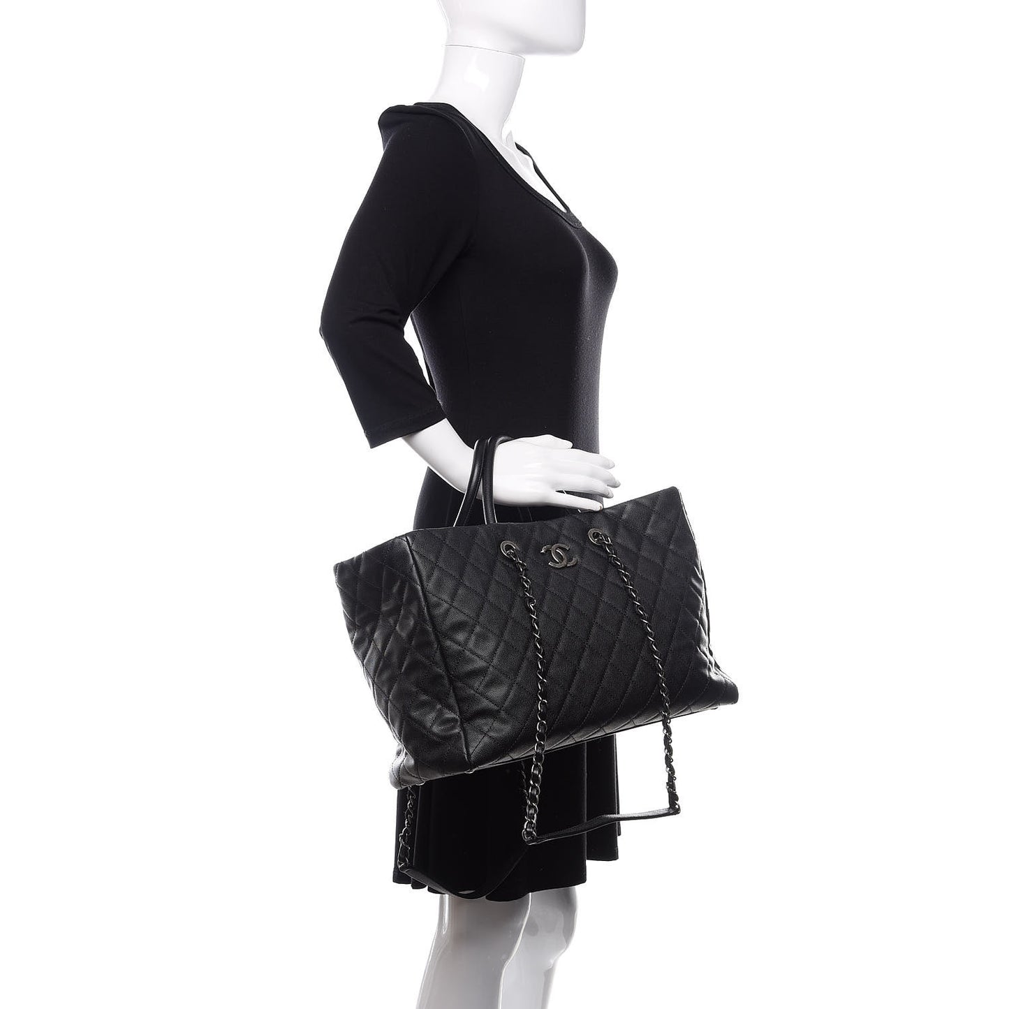 Caviar Quilted Large Coco Handle Shopping Tote Black