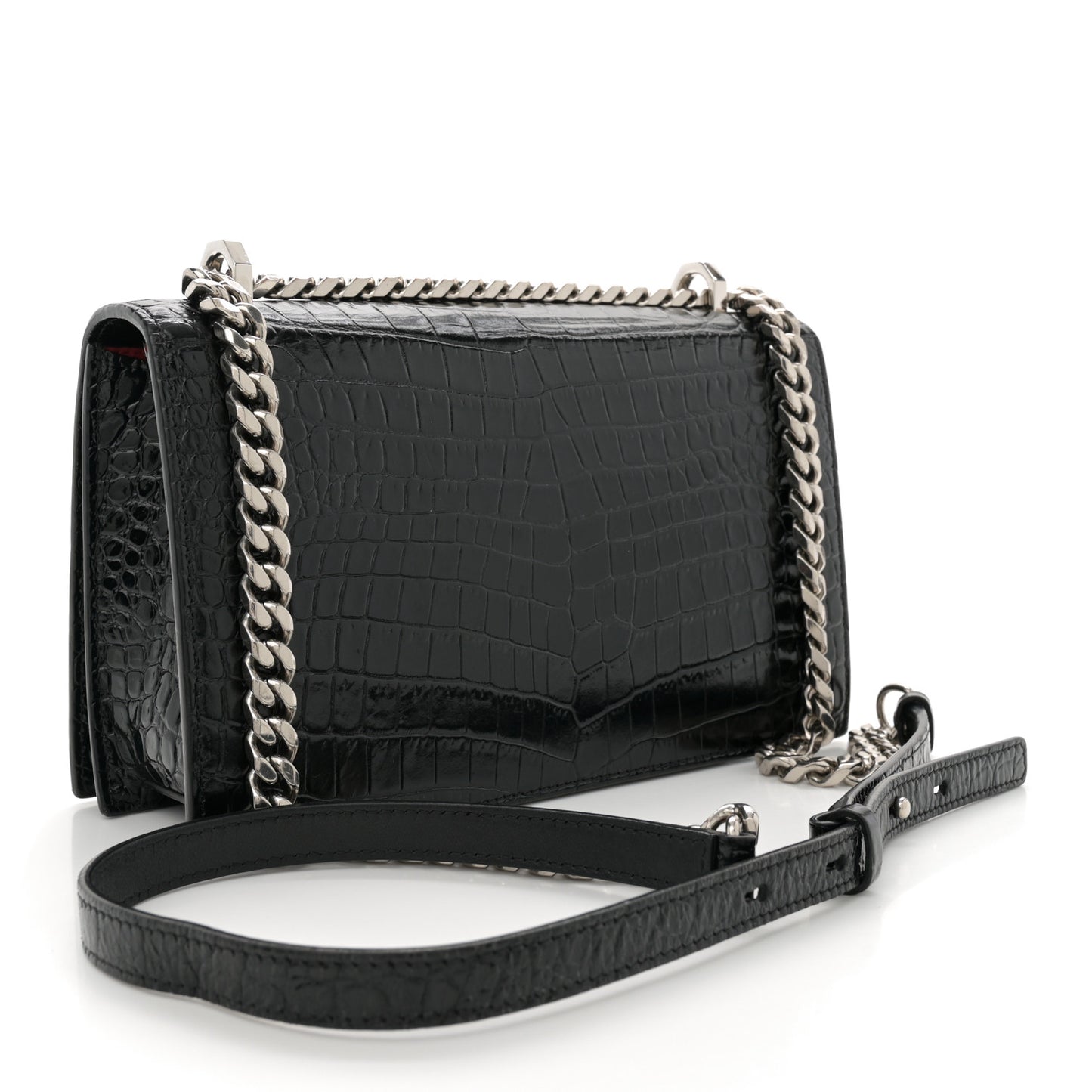 Shiny Calfskin Crocodile Embossed Knuckle Jeweled Crossbody Black