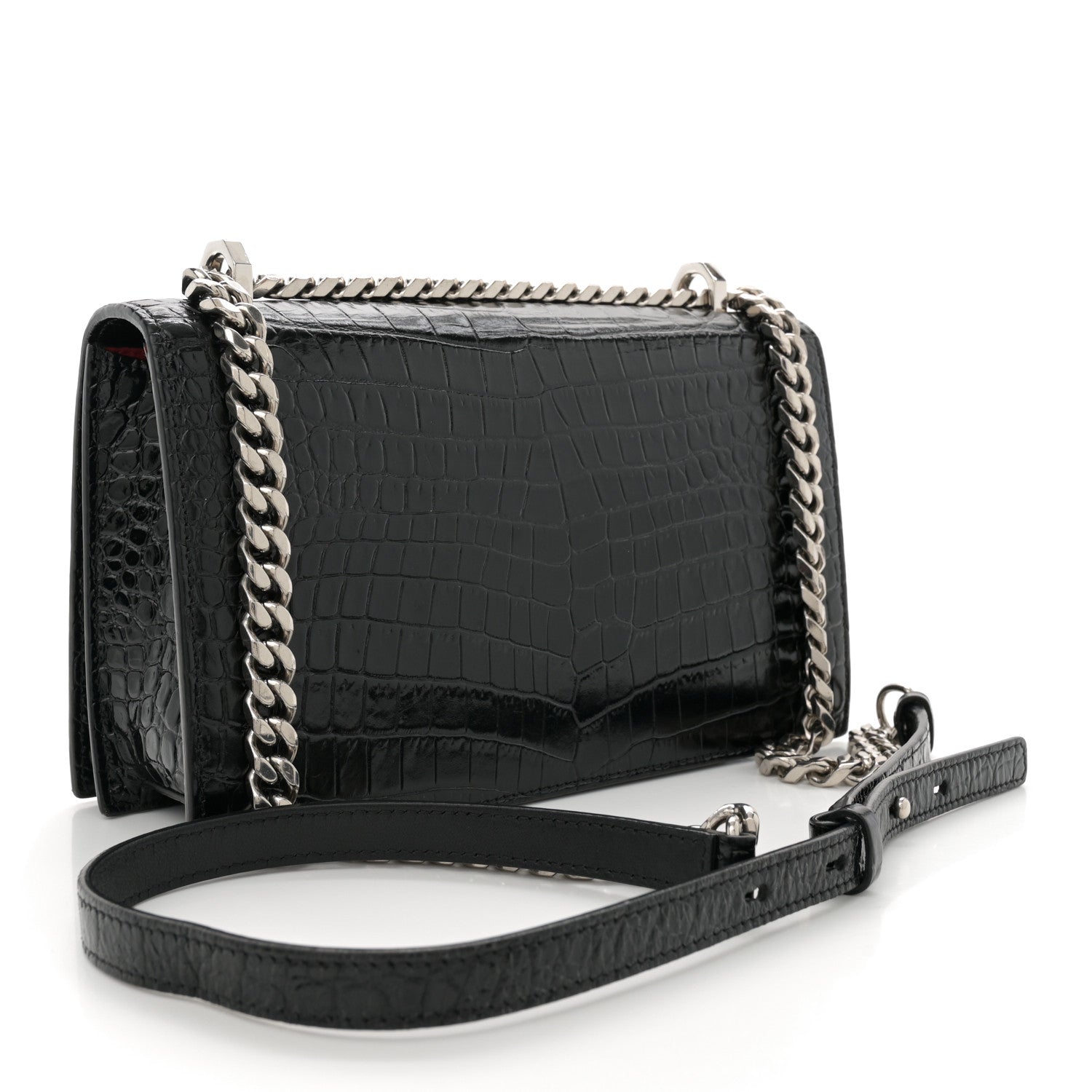 Alexander McQueen Shiny Calfskin Crocodile Embossed Knuckle Jeweled Crossbody Black 3 of 11