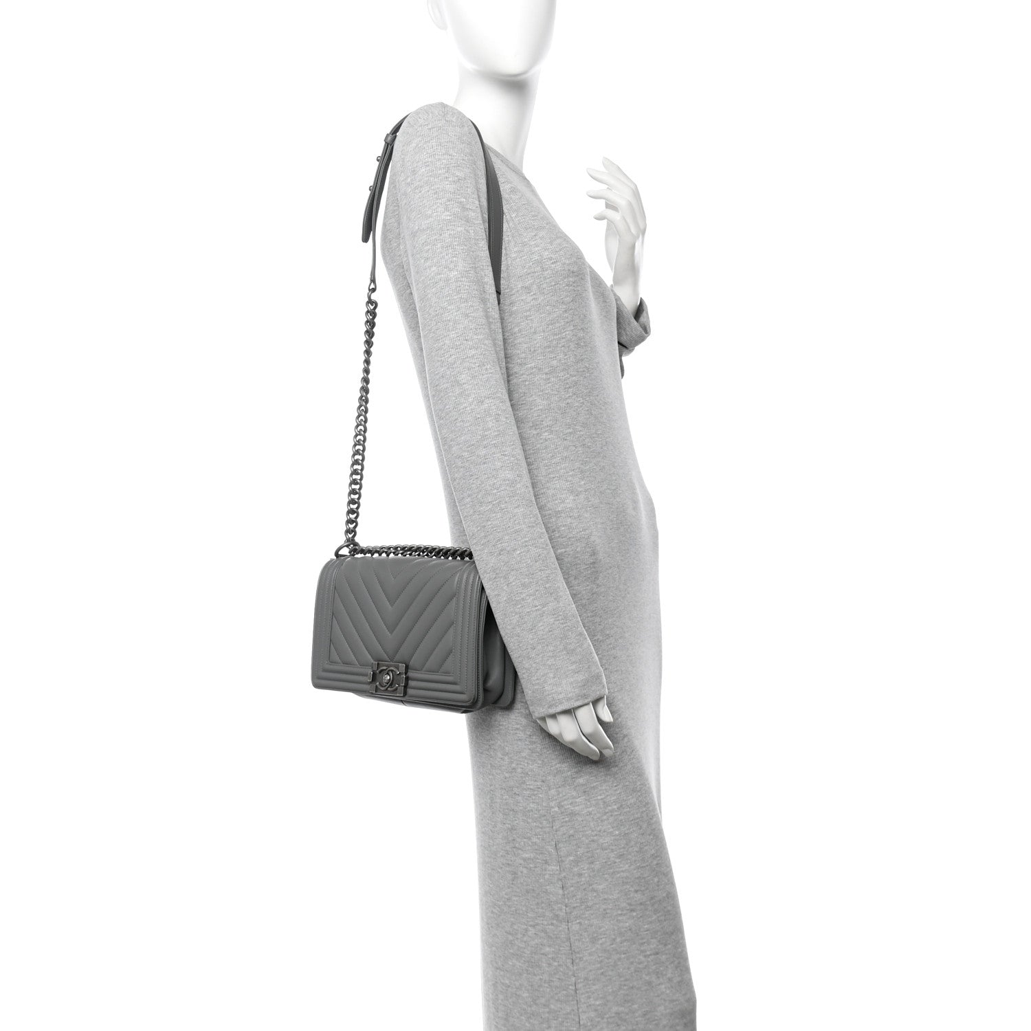 Chanel Calfskin Chevron Quilted Medium Boy Flap Grey 2 of 12