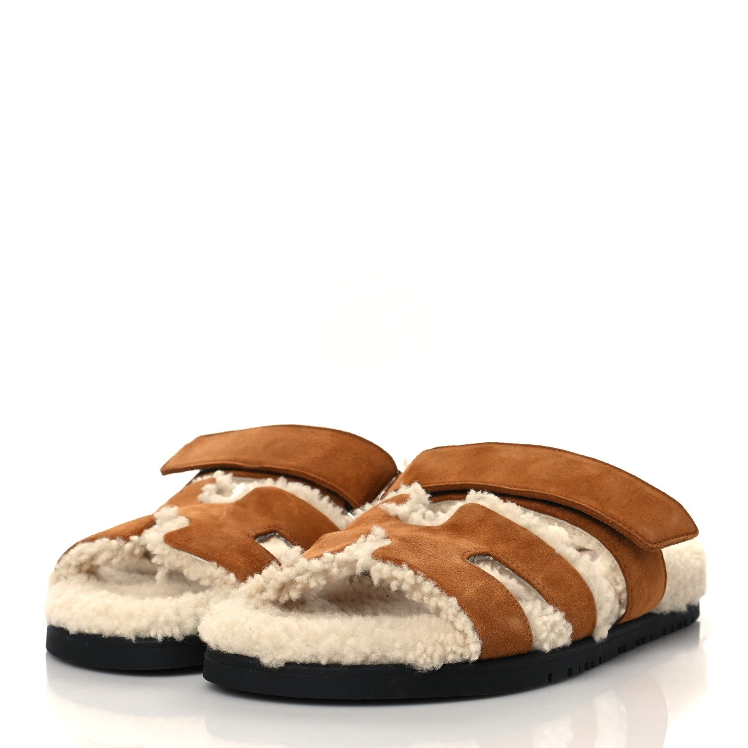 Hermes Suede Goatskin Woolskin Womens Chypre Sandals 36.5 Brun Fume Ecru 3 of 8