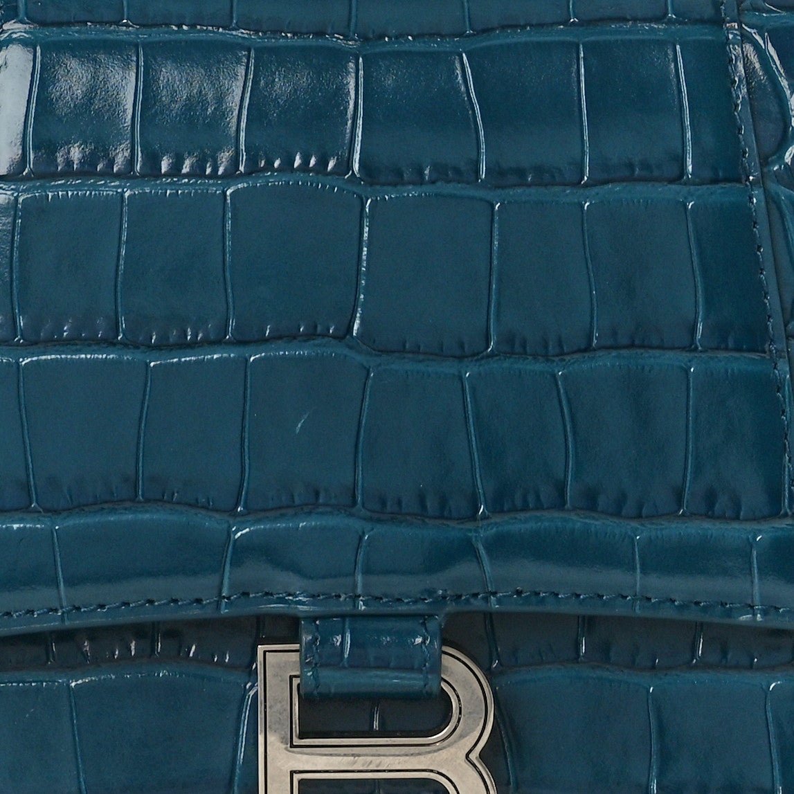 Shiny Calfskin Crocodile Embossed Small Hourglass Top Handle Bag Dark Petrol Blue