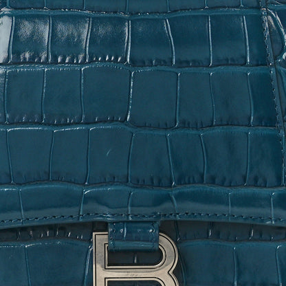 Balenciaga Shiny Calfskin Crocodile Embossed Small Hourglass Top Handle Bag Dark Petrol Blue 8 of 10
