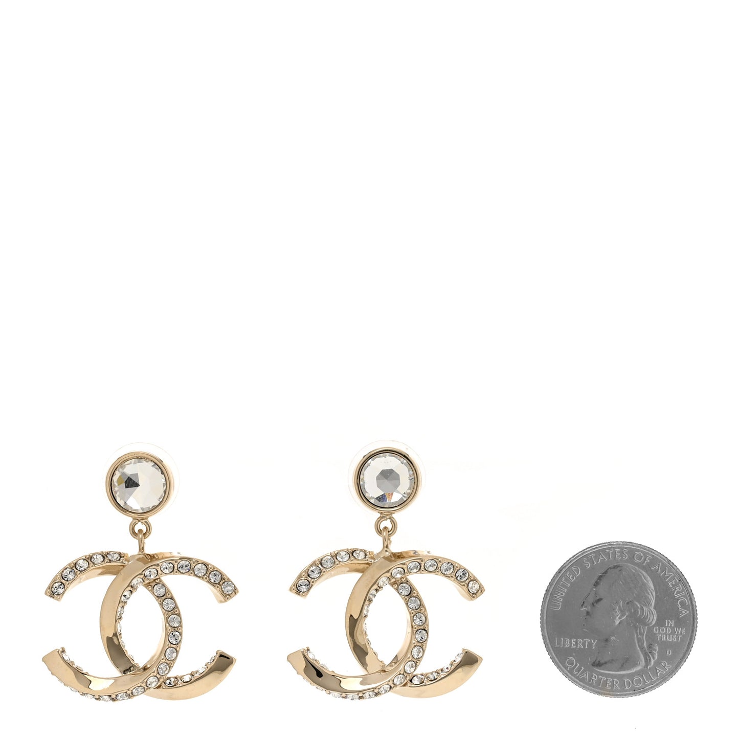 Metal Crystal CC Drop Earrings Gold