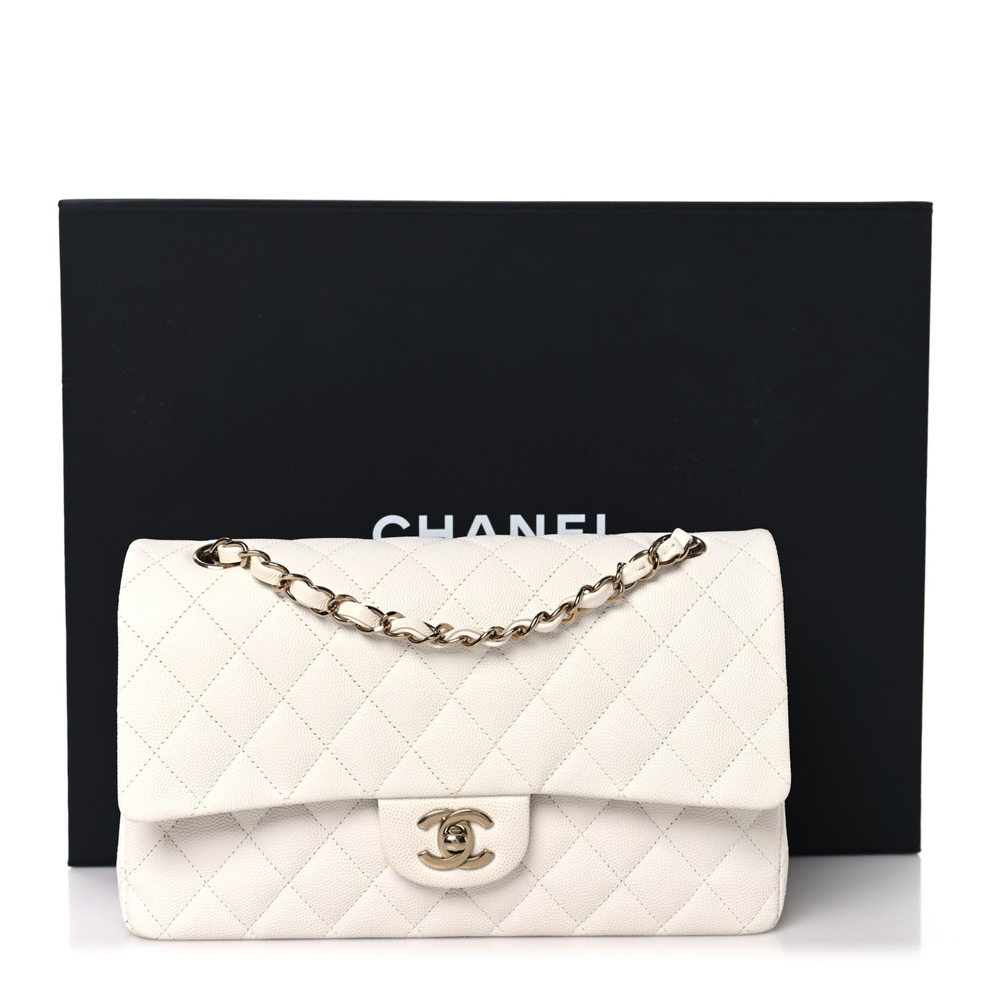 Caviar Quilted Medium Double Flap White