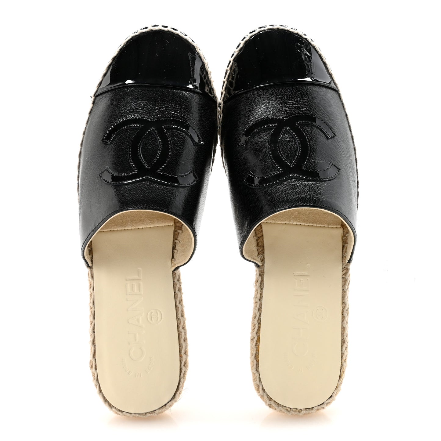 Iridescent Goatskin Patent CC Espadrille Mules 36 Black