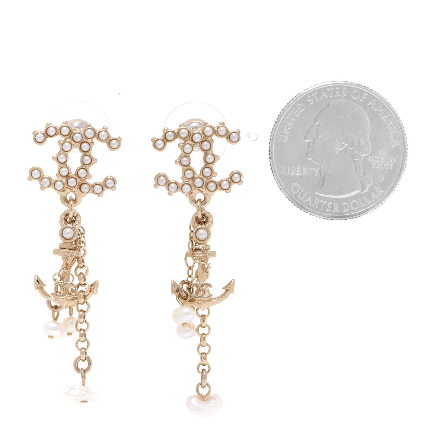 Pearl Chain CC Anchor Drop Earrings Pearly White Gold