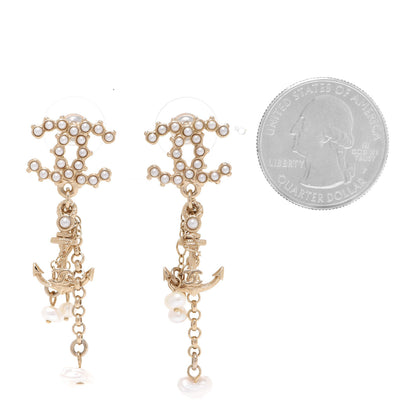 Chanel Pearl Chain CC Anchor Drop Earrings Pearly White Gold 2 of 5