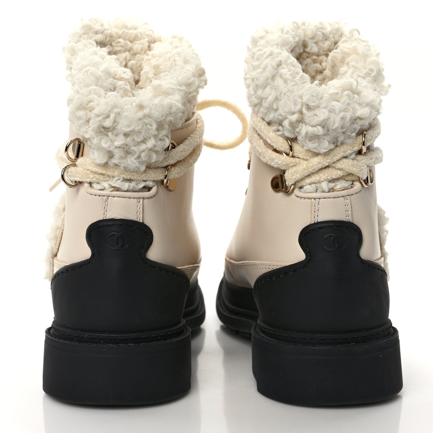Calfskin Shearling CC Lace Up Boots 38 Light Beige Ivory