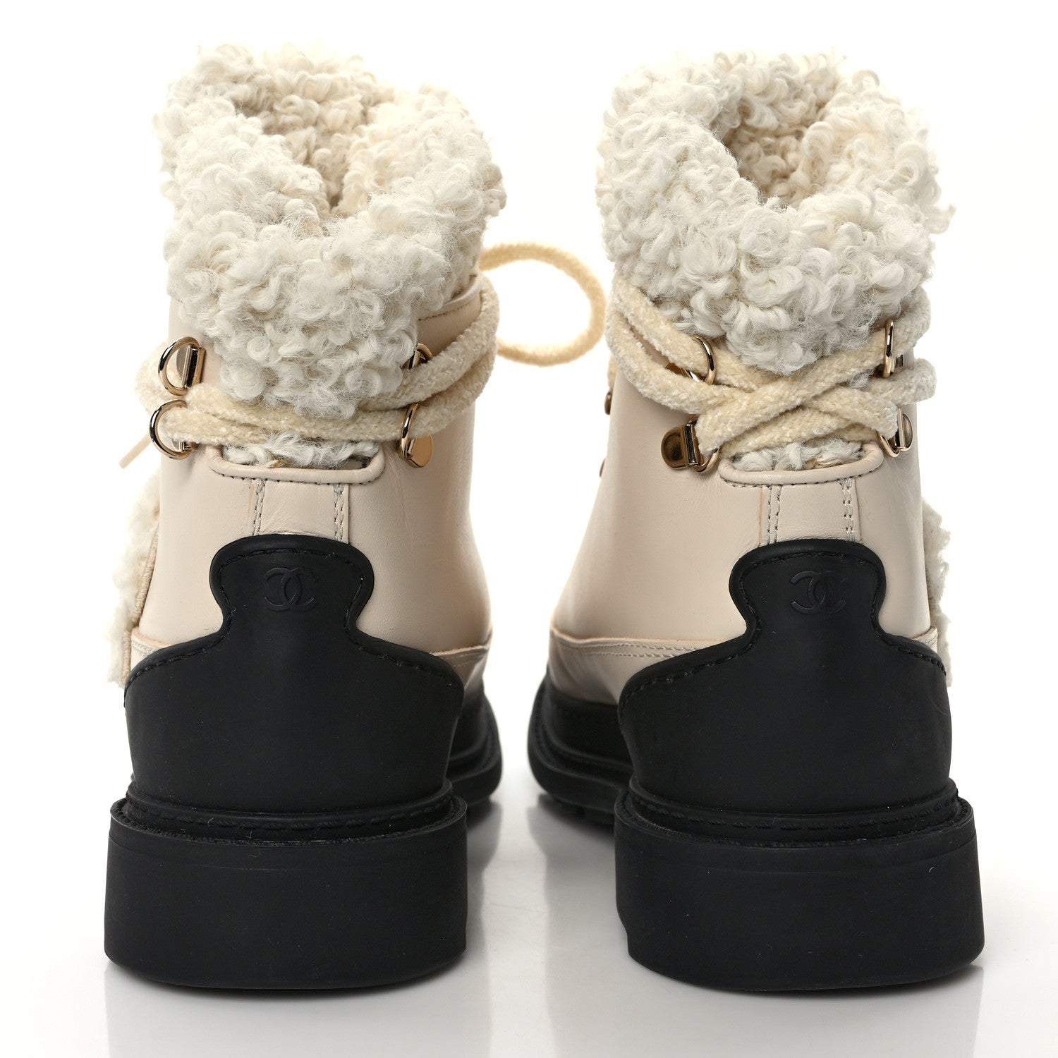Chanel Calfskin Shearling CC Lace Up Boots 38 Light Beige Ivory 5 of 12