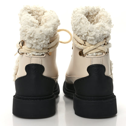 Chanel Calfskin Shearling CC Lace Up Boots 38 Light Beige Ivory 5 of 12