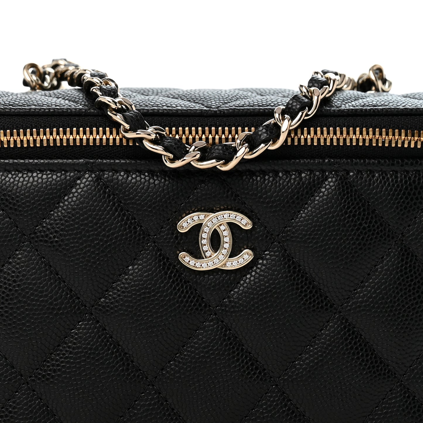 Caviar Quilted Crystal CC Logo Vanity Case With Chain Black