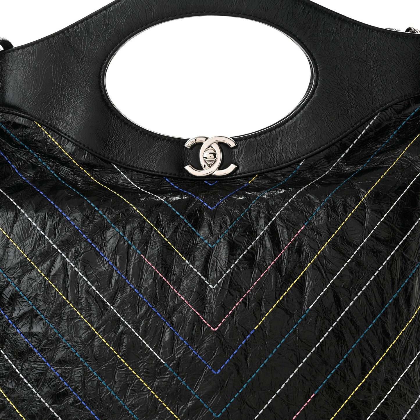 Glazed Calfskin Chevron Stitched Large 31 Shopping Bag Black Multicolor
