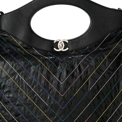 Chanel Glazed Calfskin Chevron Stitched Large 31 Shopping Bag Black Multicolor 7 of 9