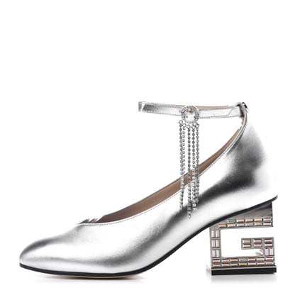 Gucci Metallic Nappa Crystal Square G Mid Heel Pumps 37.5 Silver 1 of 10