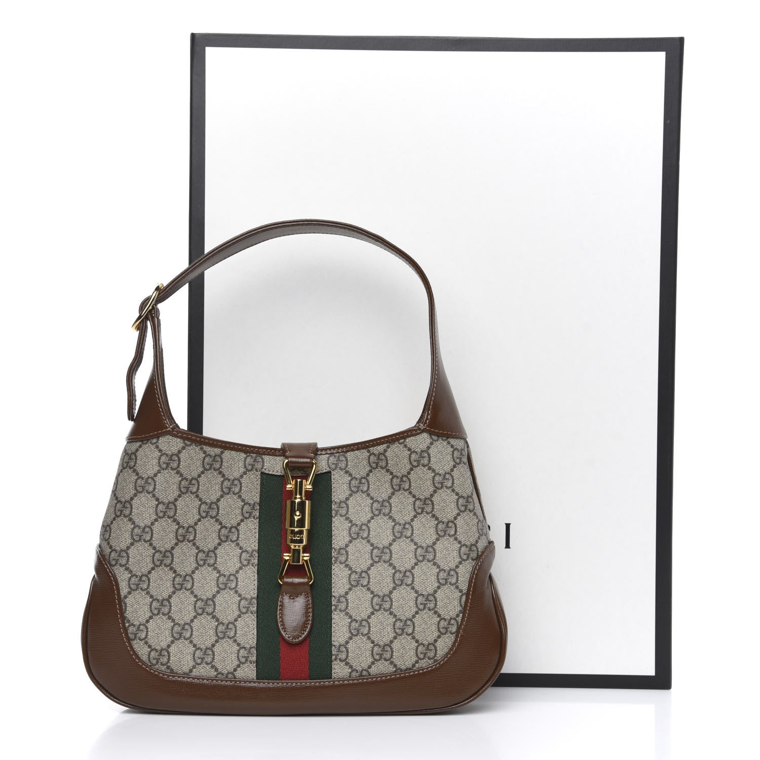 Gucci GG Supreme Monogram Azalea Calfskin Web Small Jackie 1961 Hobo Beige Ebony Brown Sugar 10 of 10