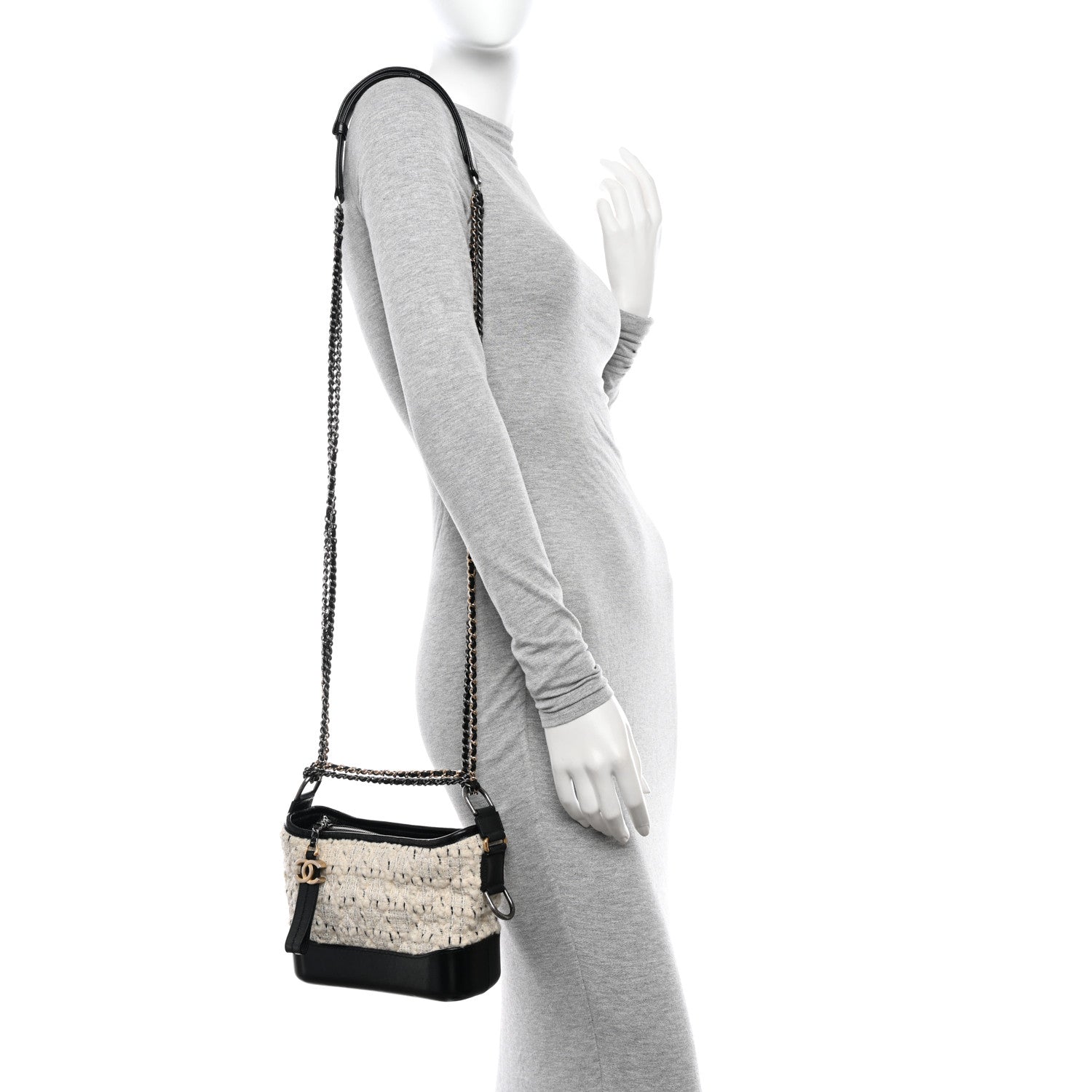 Chanel Tweed Calfskin Quilted Small Gabrielle Hobo Ivory Black 2 of 11