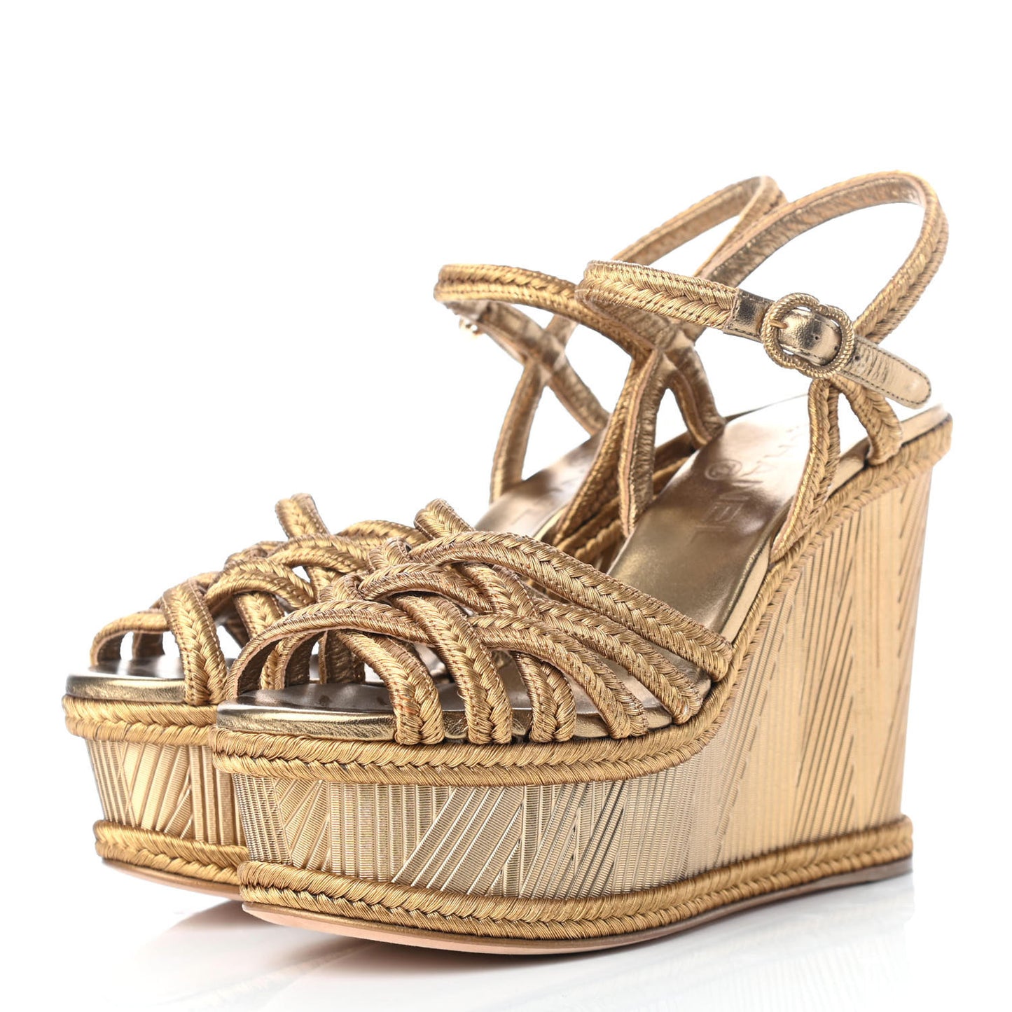 Metallic Woven Fabric Braided Wedge Sandals 38.5 Gold