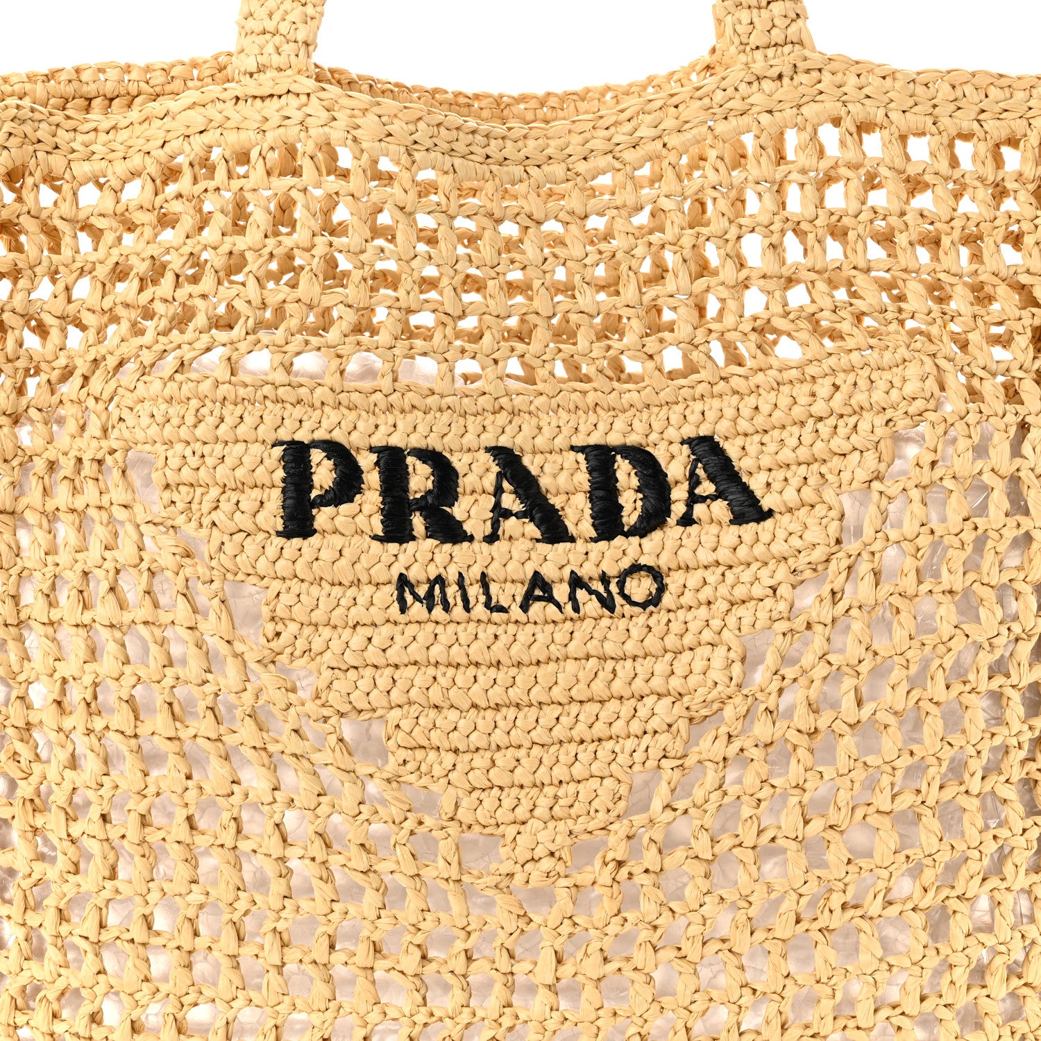 Prada Yarn Raffia Effect Crochet Logo Embroidered Tote Bag Naturale 8 of 10