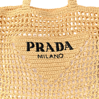 Prada Yarn Raffia Effect Crochet Logo Embroidered Tote Bag Naturale 8 of 10