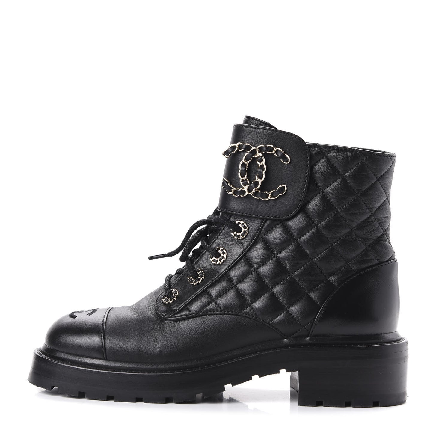 Lambskin Calfskin Quilted Lace Up Combat Boots 37.5 Black