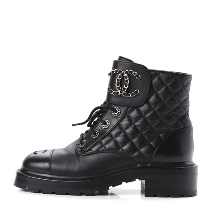 Chanel Lambskin Calfskin Quilted Lace Up Combat Boots 37.5 Black 1 of 9