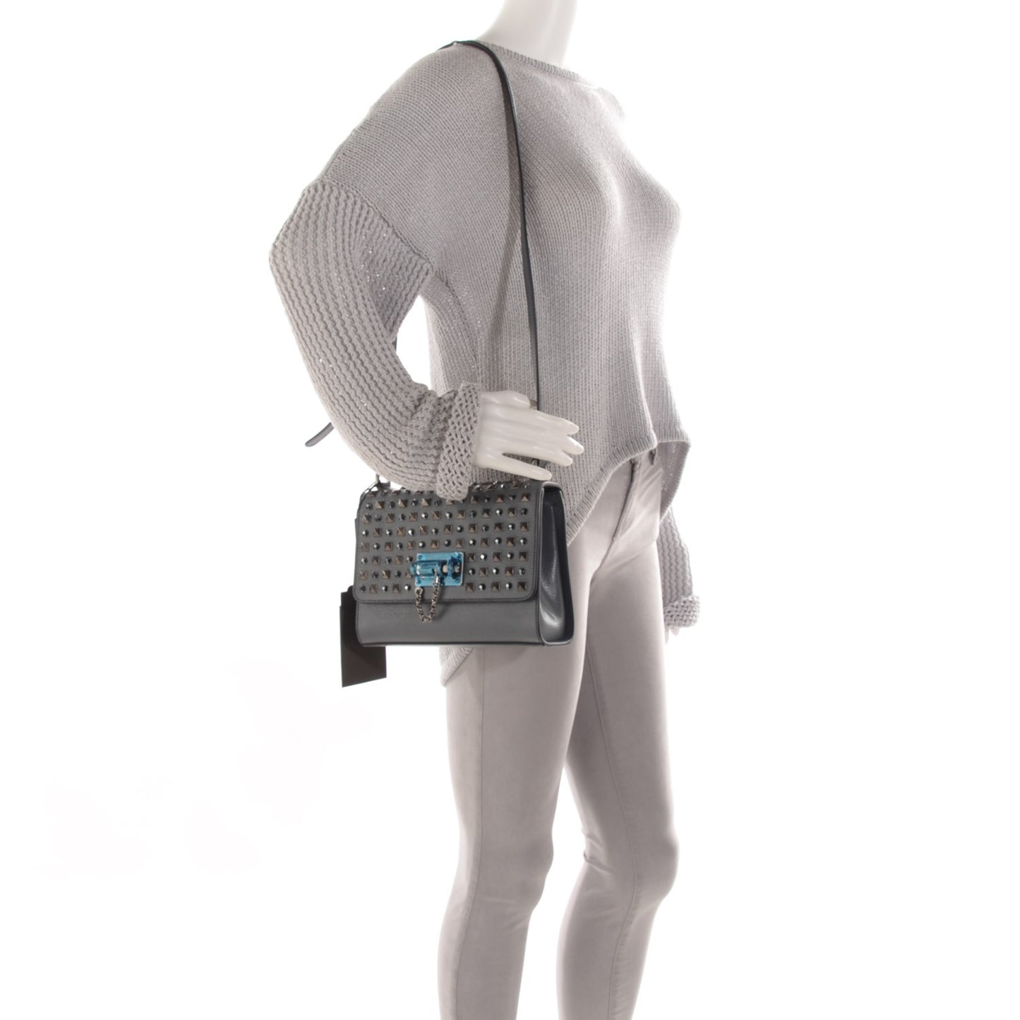 Calfskin Studded Monica Lock Crossbody Light Grey