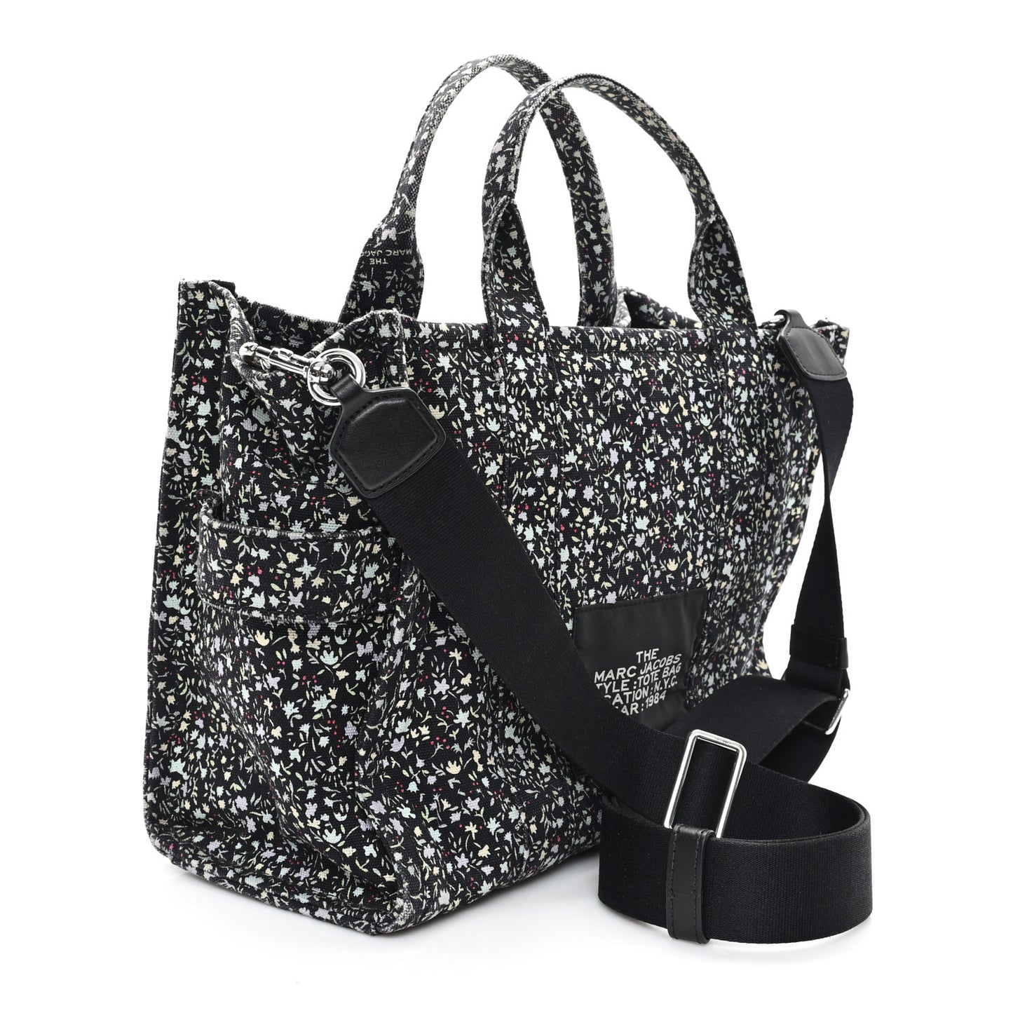 Cotton Canvas Floral Print Medium The Traveler Tote Bag Black