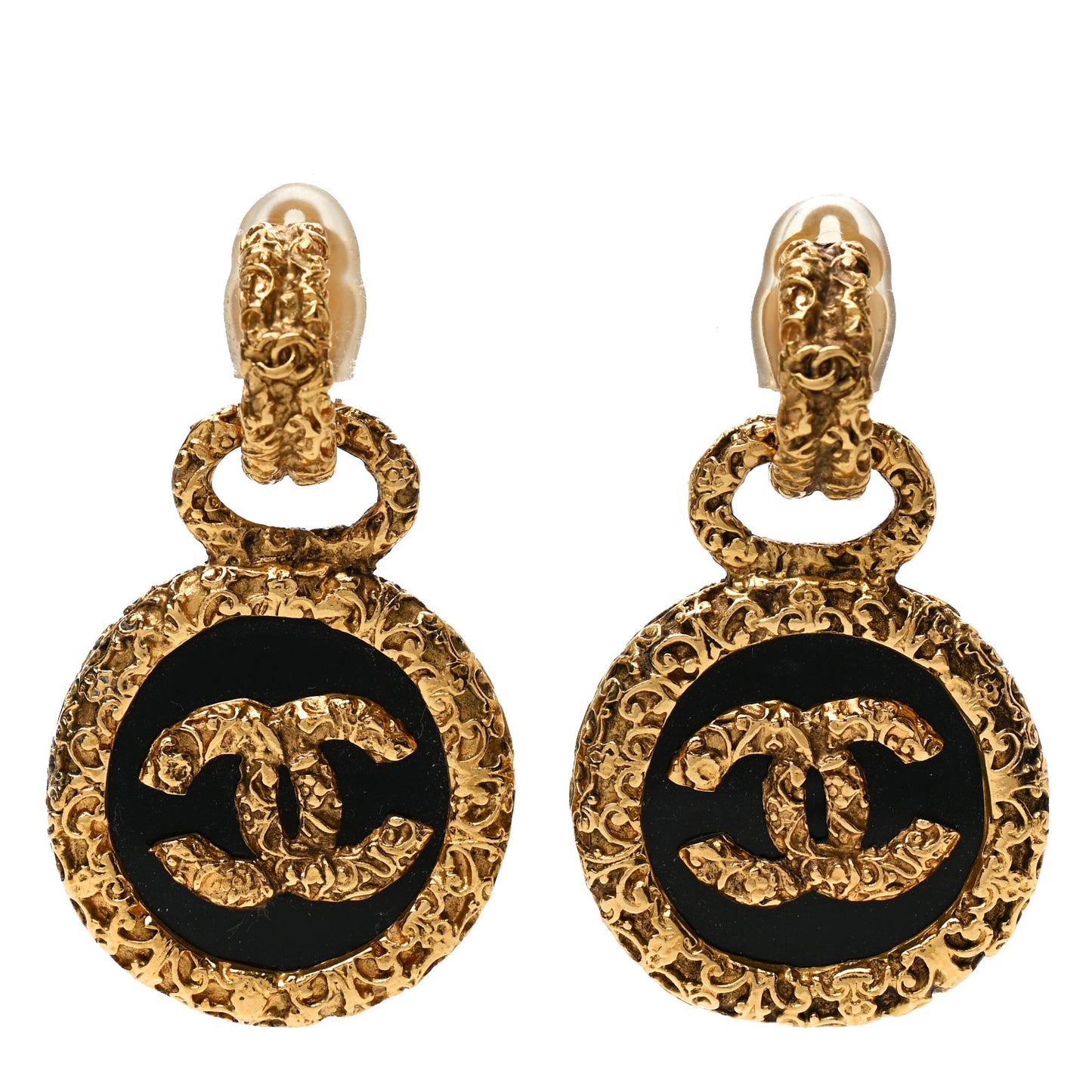 CC Round Drop Clip On Earrings Black Gold