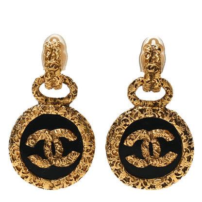 Chanel CC Round Drop Clip On Earrings Black Gold 1 of 4
