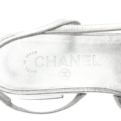 Chanel Metallic Goatskin Patent Calfskin Cap Toe CC Slingback Flats 38 Black Silver 6 of 8