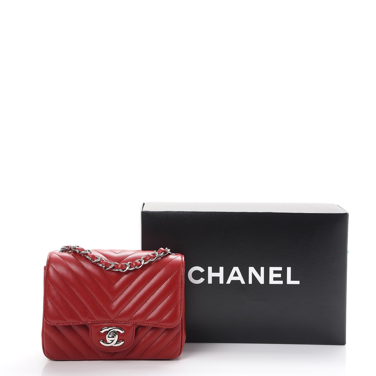 Caviar Chevron Quilted Mini Square Flap Dark Red