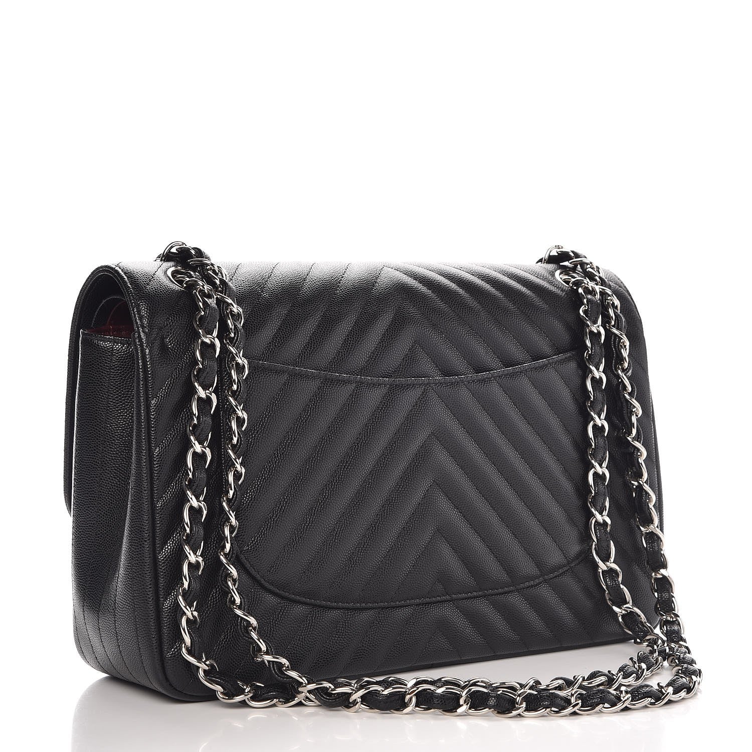 Chanel Metallic Caviar Chevron Quilted Jumbo Double Flap Black 4 of 9