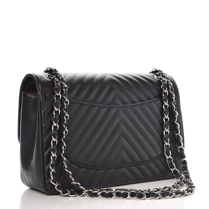 Chanel Metallic Caviar Chevron Quilted Jumbo Double Flap Black 4 of 9