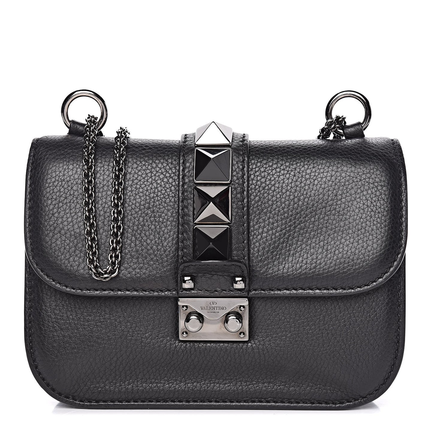 Pebbled Calfskin Small Glam Lock Rockstud Flap Black